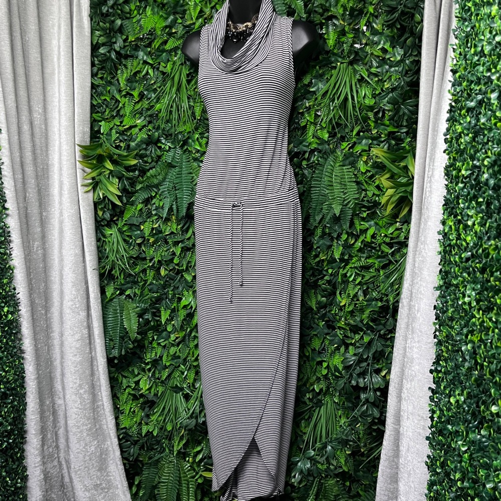 Dolan Left Coast Collection Dress Medium Black White Striped Cowl Neck Maxi 3689